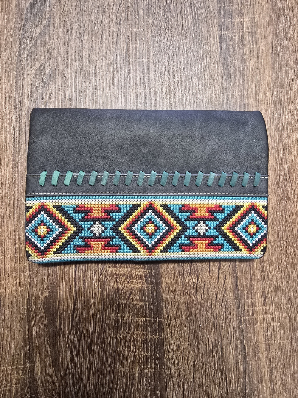 American Bling Western Wallet Grey Turquoise Aztec Embroidered Clutch